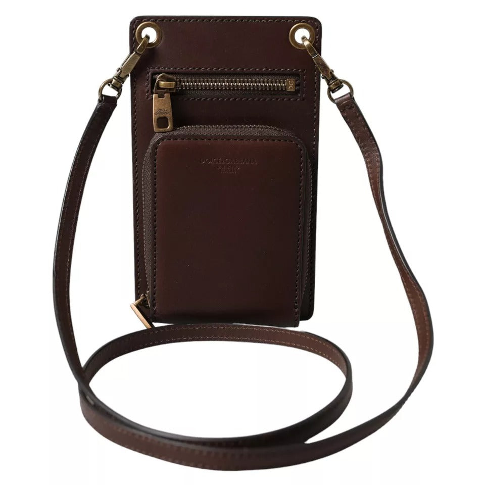 Dolce & Gabbana Brown Calf Leather Zip Logo Shoulder Neck Strap Wallet