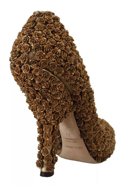 Dolce & Gabbana Gold Roses Embellished Heels Pumps Shoes