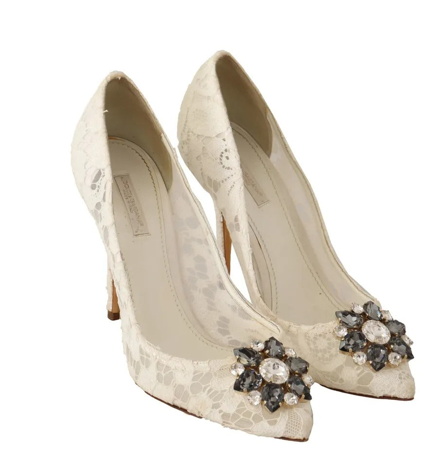 Dolce & Gabbana White Taormina Lace Crystal Heels Pumps Shoes