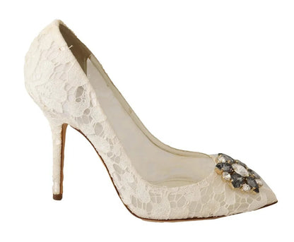 Dolce & Gabbana White Taormina Lace Crystal Heels Pumps Shoes