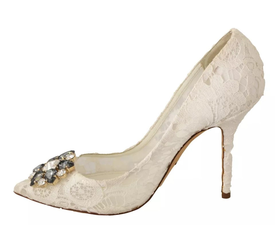 Dolce & Gabbana White Taormina Lace Crystal Heels Pumps Shoes