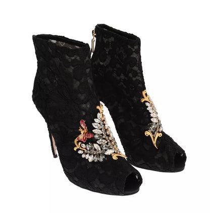 Dolce & Gabbana Black Crystal Lace Booties Stilettos Shoes