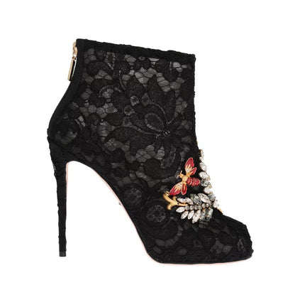 Dolce & Gabbana Black Crystal Lace Booties Stilettos Shoes