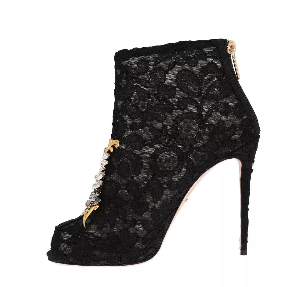 Dolce & Gabbana Black Crystal Lace Booties Stilettos Shoes