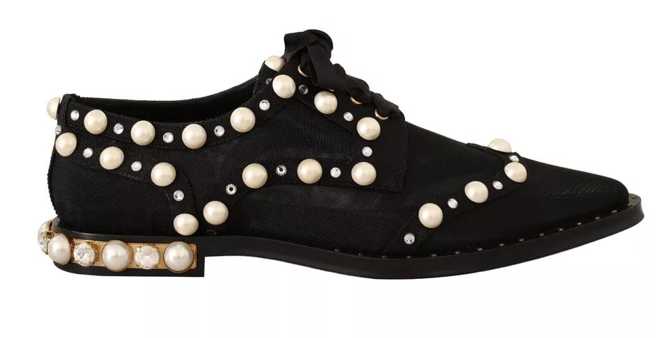 Dolce & Gabbana Black Lace Up Jewelled Formal Flats Shoes