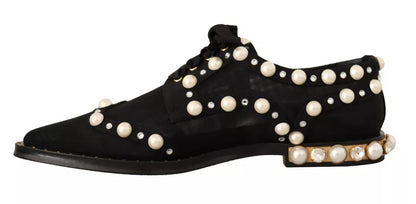 Dolce & Gabbana Black Lace Up Jewelled Formal Flats Shoes