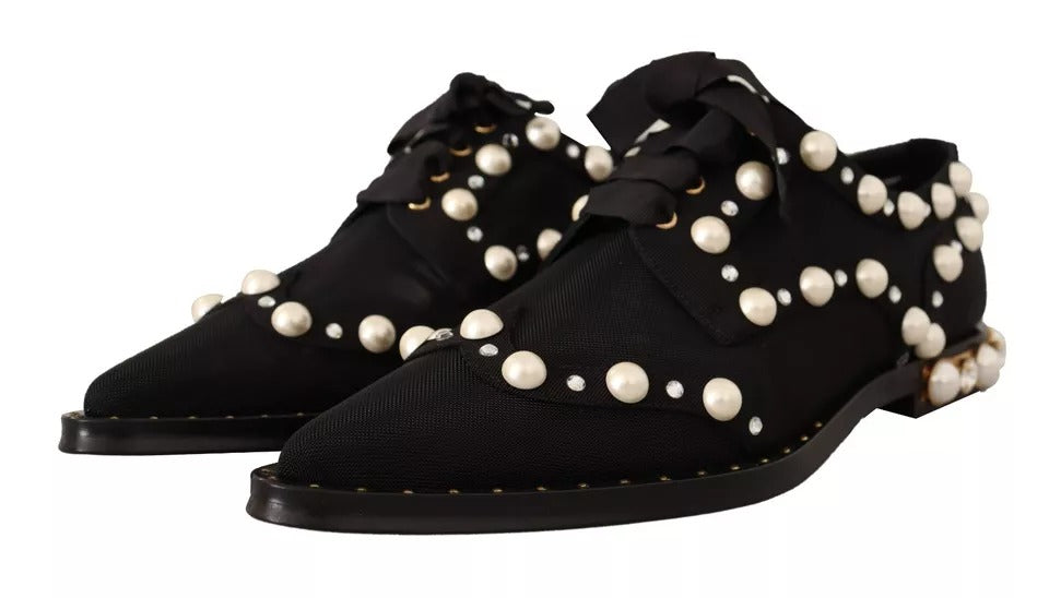 Dolce & Gabbana Black Lace Up Jewelled Formal Flats Shoes