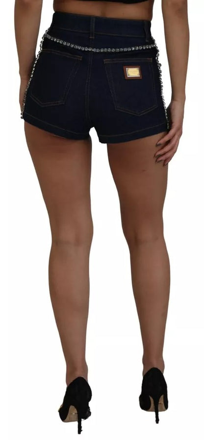 Dolce & Gabbana Blue Denim Stretch Crystal Hot Pants Shorts