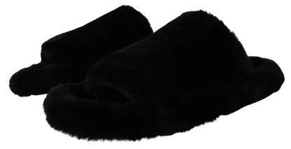 Dolce & Gabbana Black Polyester Faux Fur Mens Flats Sandals Shoes