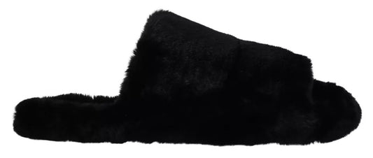 Dolce & Gabbana Black Polyester Faux Fur Mens Flats Sandals Shoes