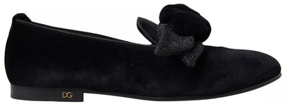 Dolce & Gabbana Black Velvet Flats Bow Young Queen Shoes