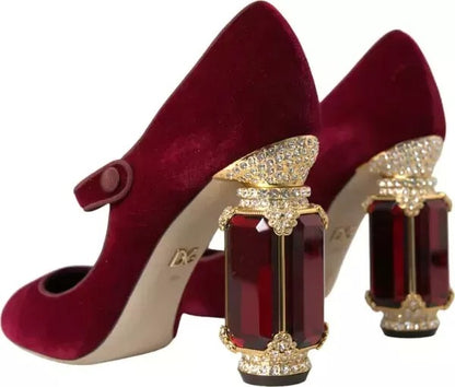 Dolce & Gabbana Red Velvet Gold Crystals Heels Mary Janes Shoes