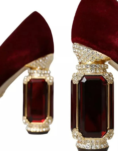 Dolce & Gabbana Red Velvet Gold Crystals Heels Mary Janes Shoes