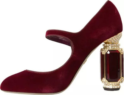 Dolce & Gabbana Red Velvet Gold Crystals Heels Mary Janes Shoes