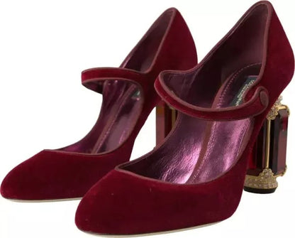 Dolce & Gabbana Red Velvet Gold Crystals Heels Mary Janes Shoes