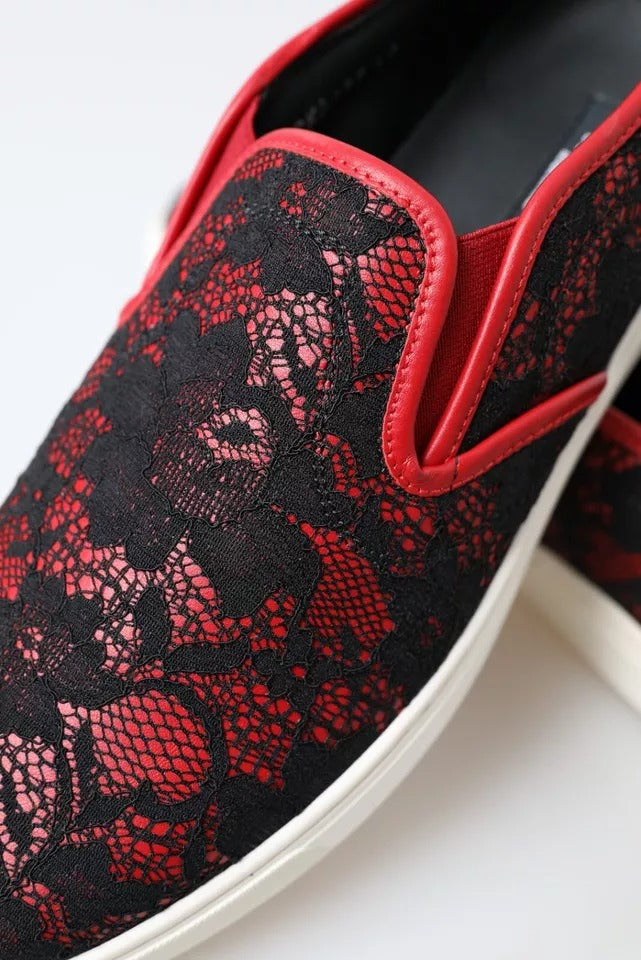 Dolce & Gabbana Black Red Lace Slip On Low Top Sneakers Shoes