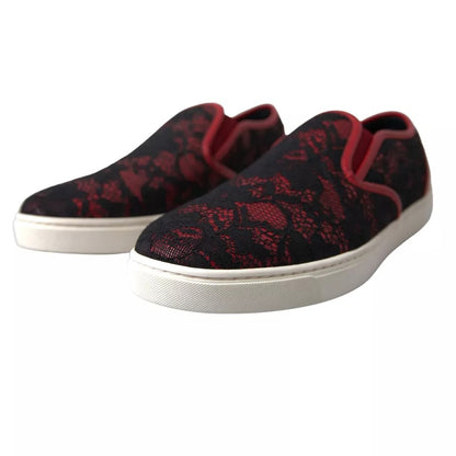 Dolce & Gabbana Black Red Lace Slip On Low Top Sneakers Shoes