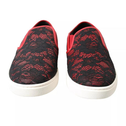 Dolce & Gabbana Black Red Lace Slip On Low Top Sneakers Shoes