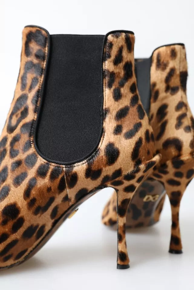 Dolce & Gabbana Brown Leopard Leather Stretch Heels Boots Shoes