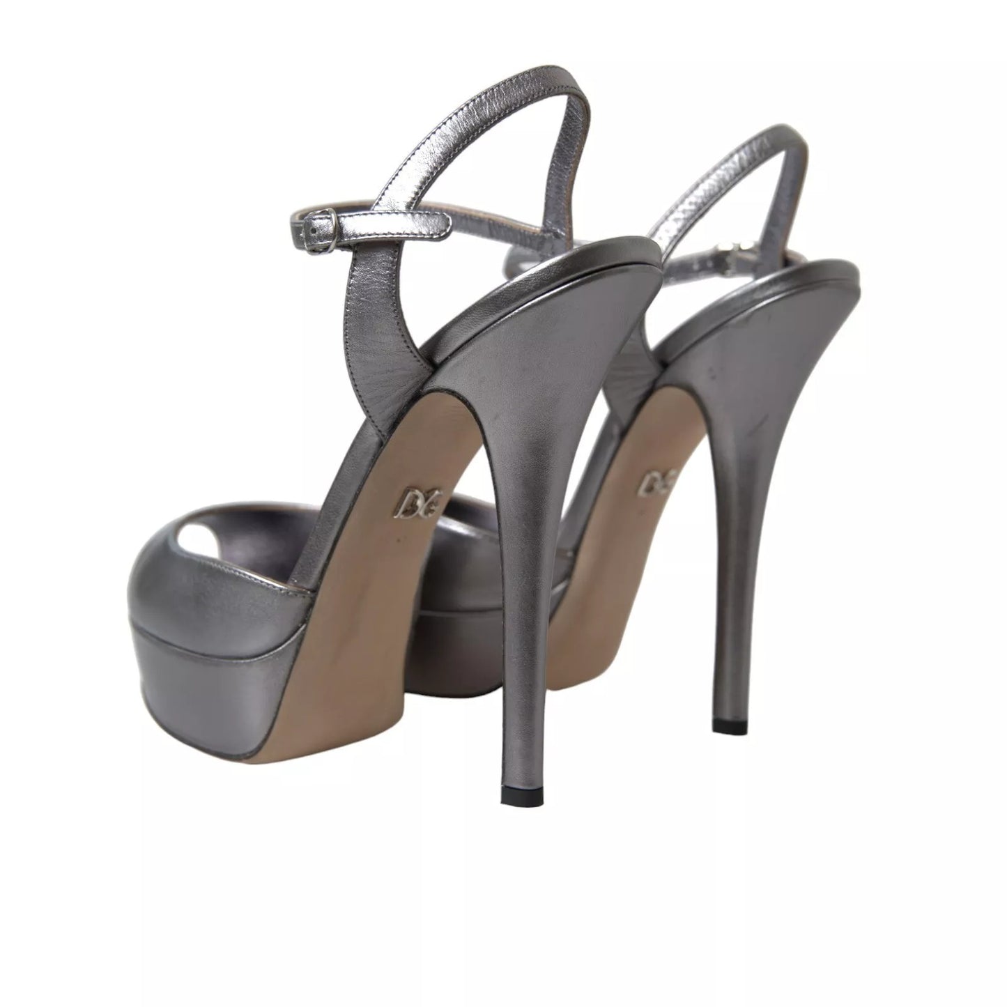 Dolce & Gabbana Silver Leather Platform Heels Sandals Shoes