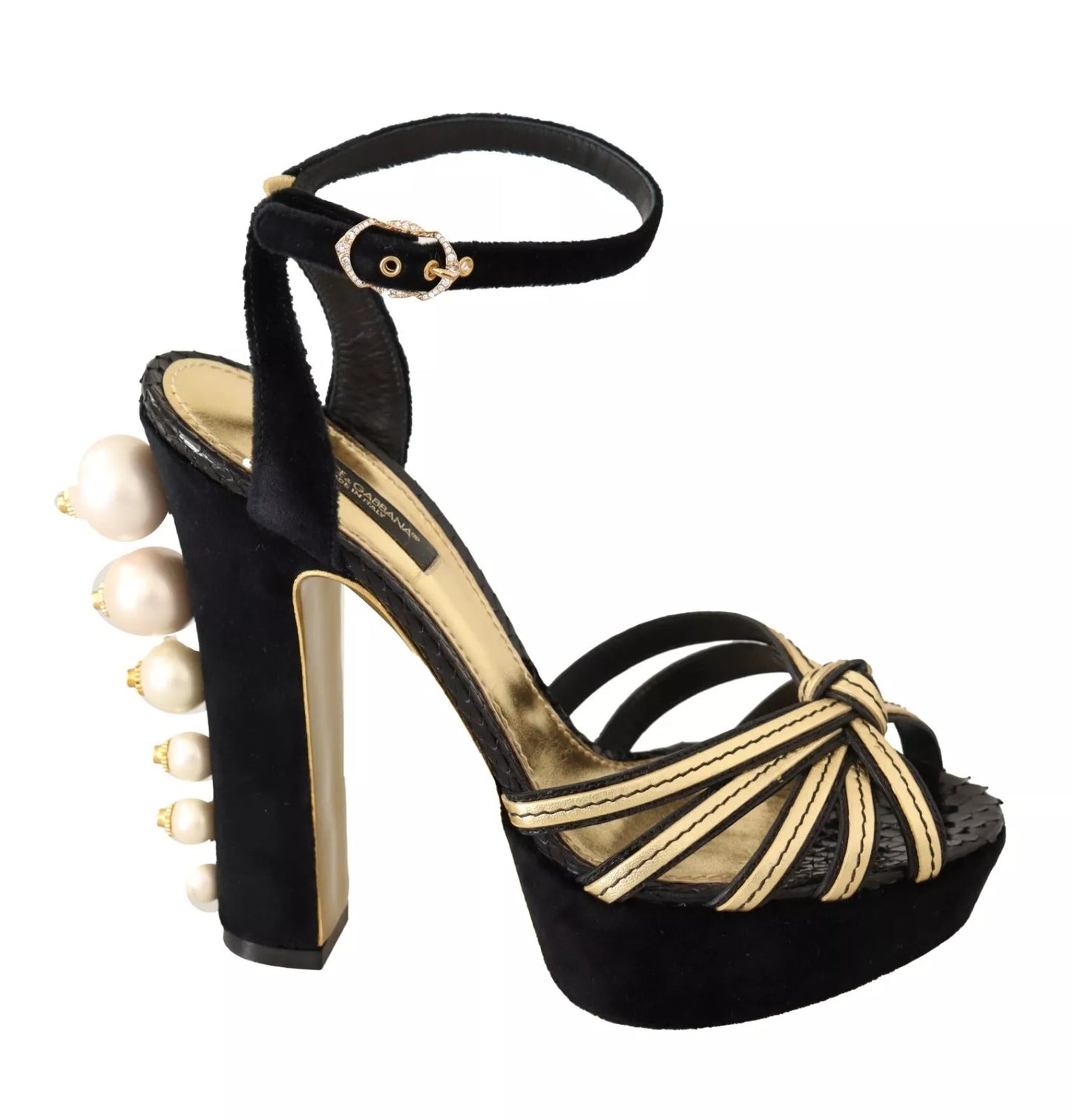 Dolce & Gabbana Black Gold Bianca Faux Pearl Sandals