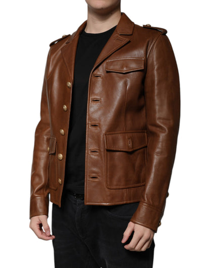 Dolce & Gabbana Brown Calfskin Leather Button Down Jacket