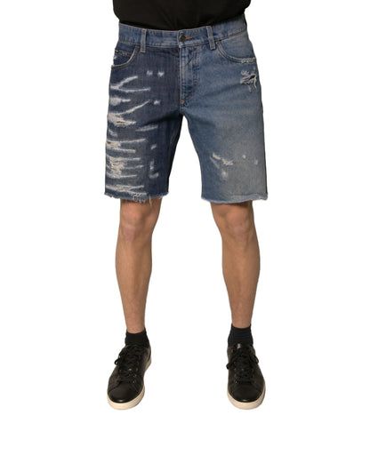 Dolce & Gabbana Blue Tattered Cotton Men Bermuda Denim Shorts