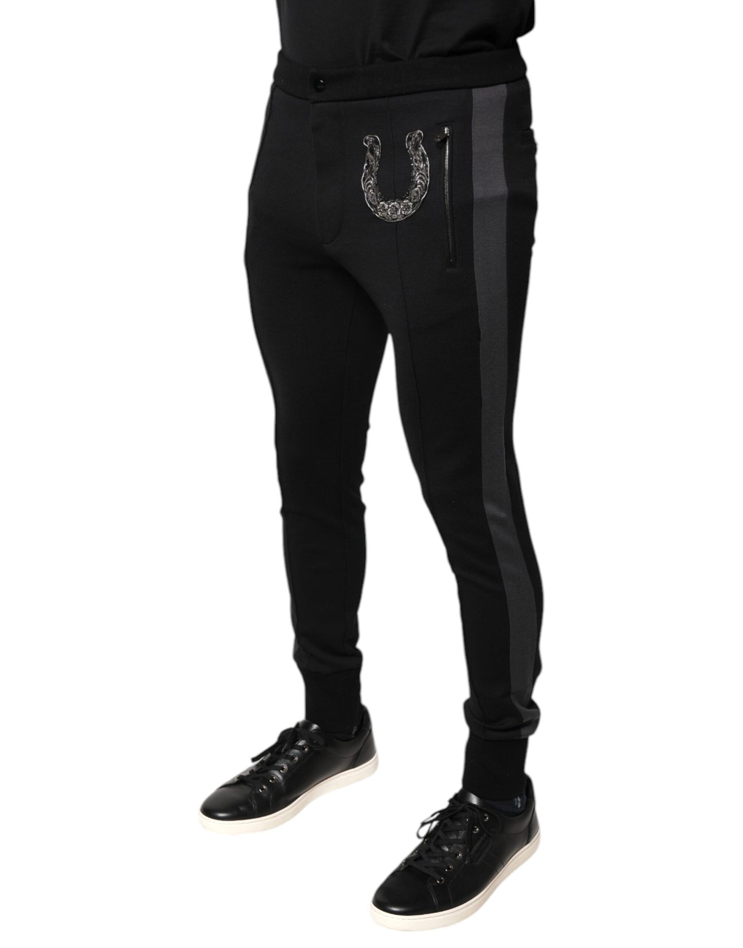 Dolce & Gabbana Black Horseshoe Embellished Wool Slim Fit Pants