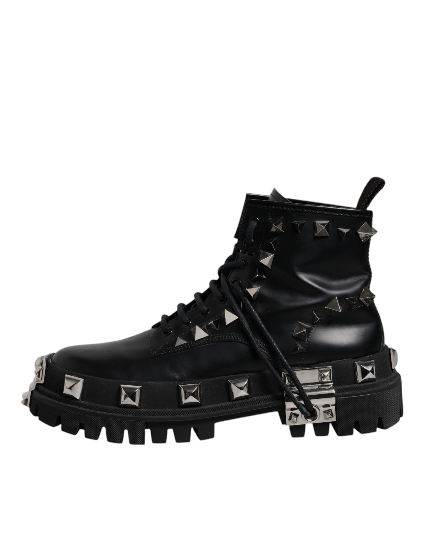 Dolce & Gabbana Black Leather Studded Trekking Boots Shoes