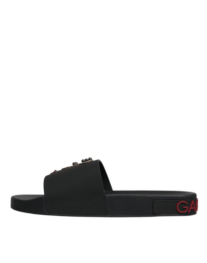 Dolce & Gabbana Black Leather Slides Sandals Beachwear Shoes