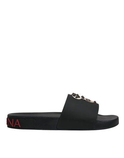 Dolce & Gabbana Black Leather Slides Sandals Beachwear Shoes