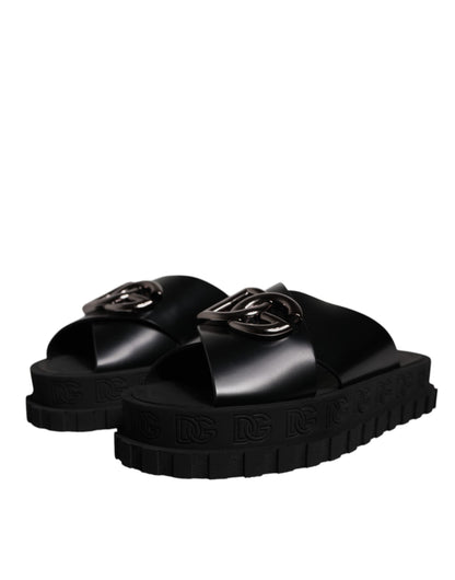 Dolce & Gabbana Black Leather DG Criss Cross Slides Sandals Shoes