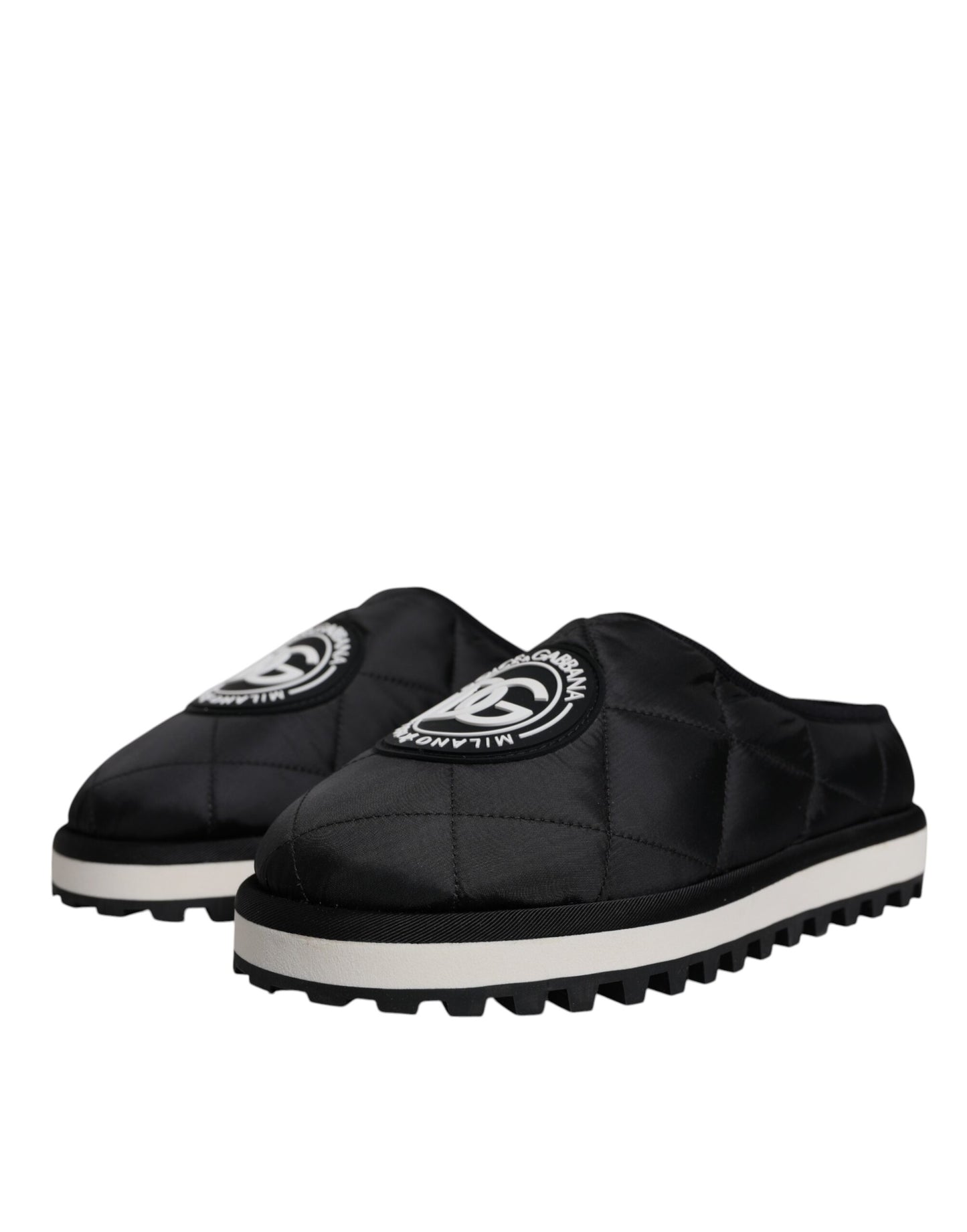 Dolce & Gabbana Black Nylon Quilted Logo Patch Sandals Slides Shoes