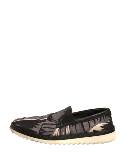 Dolce & Gabbana Black Canvas Tropical Print Slip On Shoes