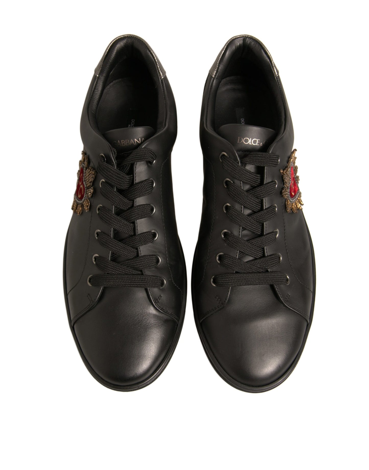 Dolce & Gabbana Black Leather Heart Embellished Sneakers Shoes