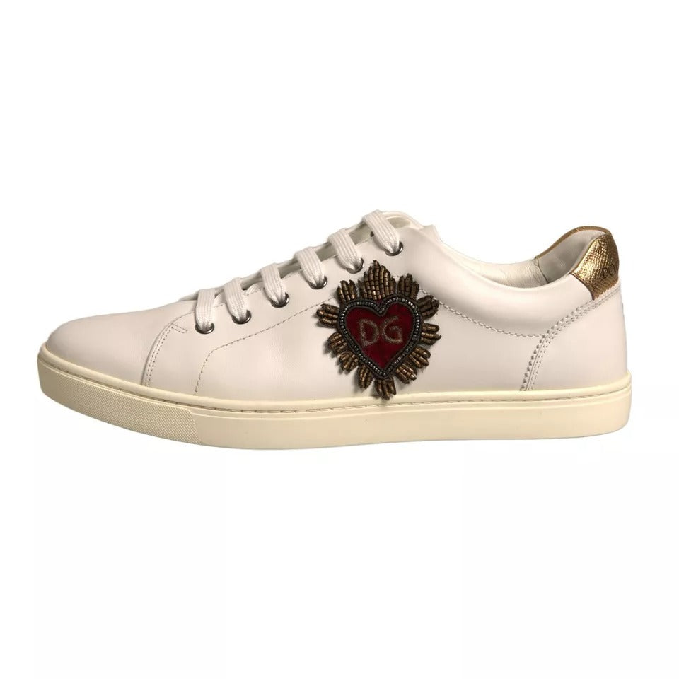 Dolce & Gabbana White Leather Heart Embellished Sneakers Shoes