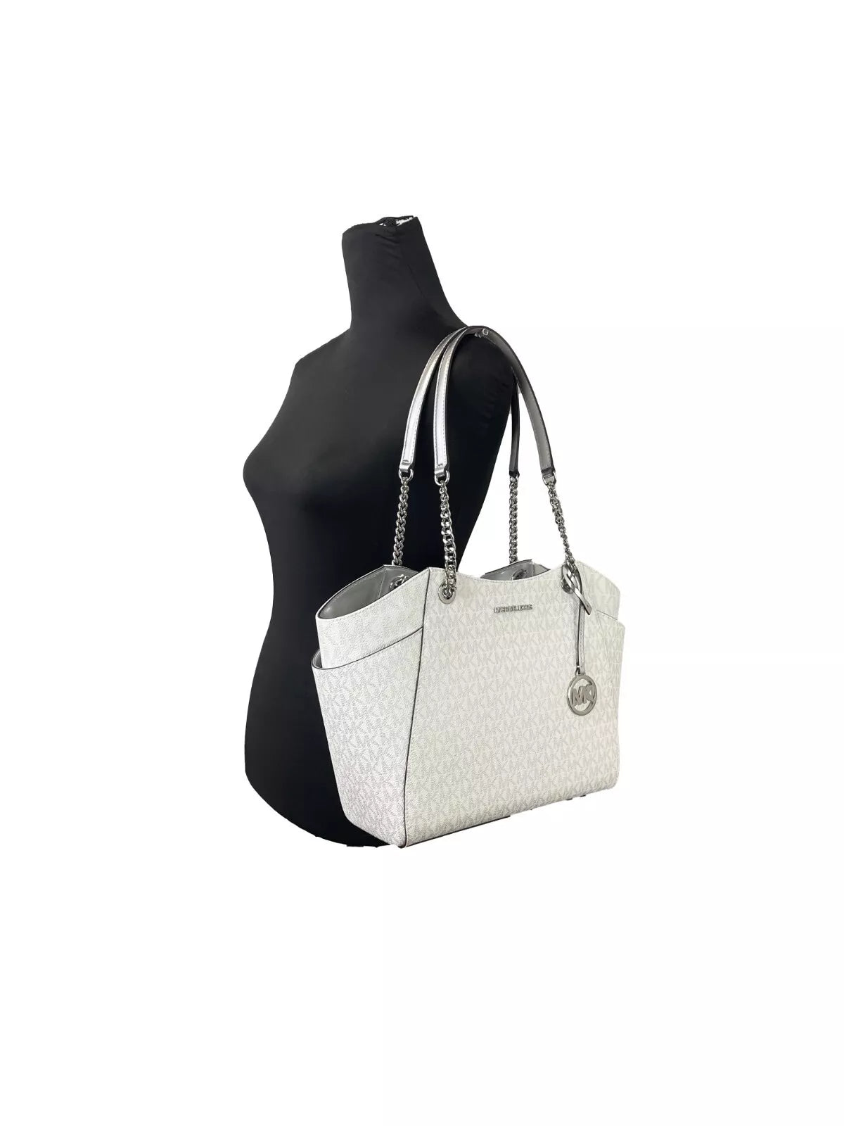 Michael Kors Jet Set Large Chain Shoulder Tote Bag White Silver