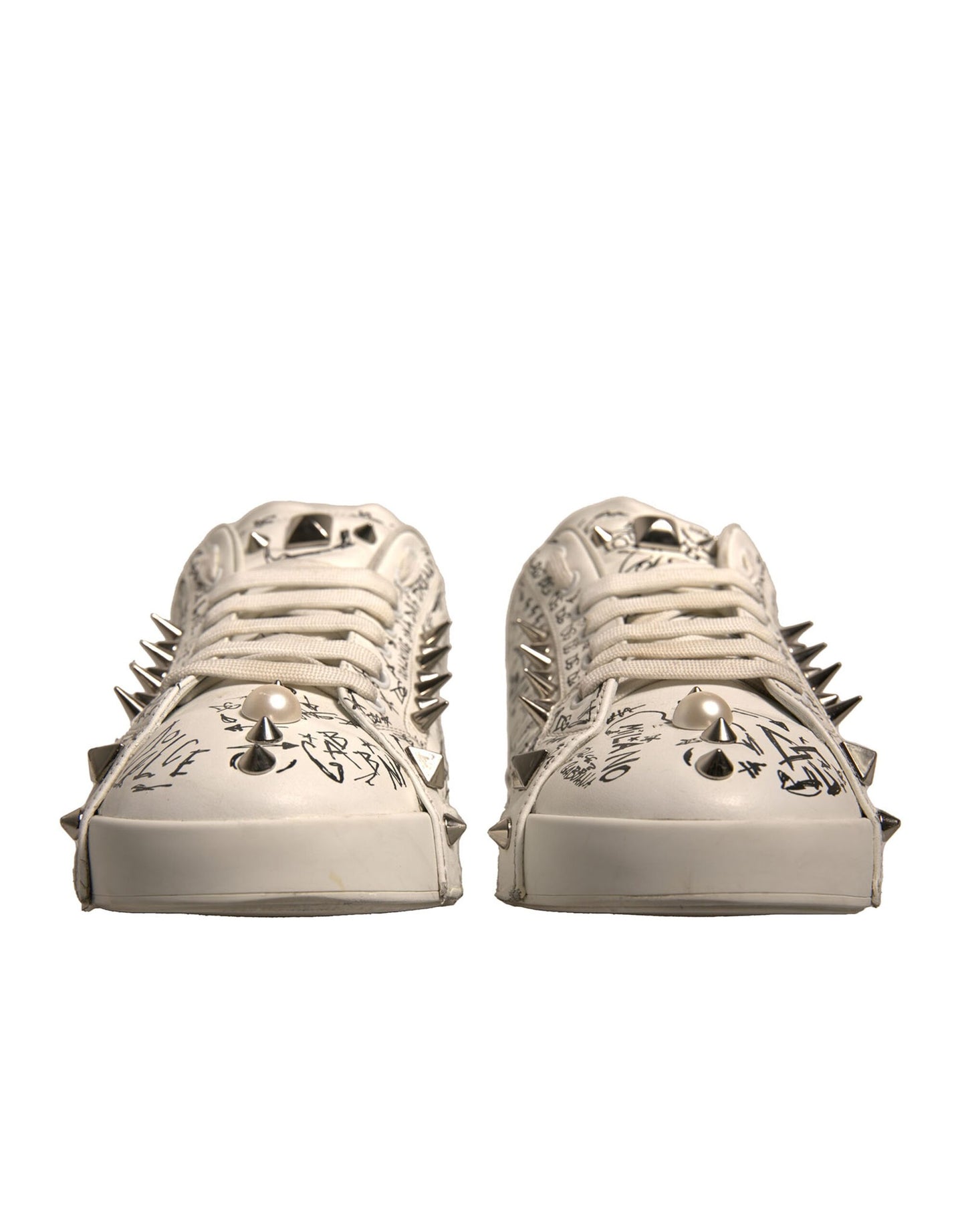 Dolce & Gabbana White Graffiti Studded Portofino Sneakers Shoes