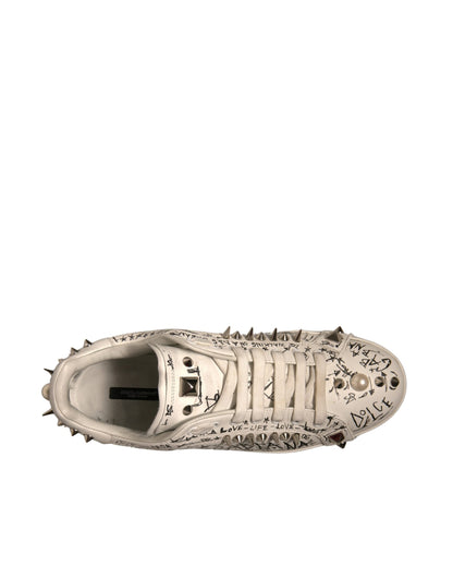 Dolce & Gabbana White Graffiti Studded Portofino Sneakers Shoes