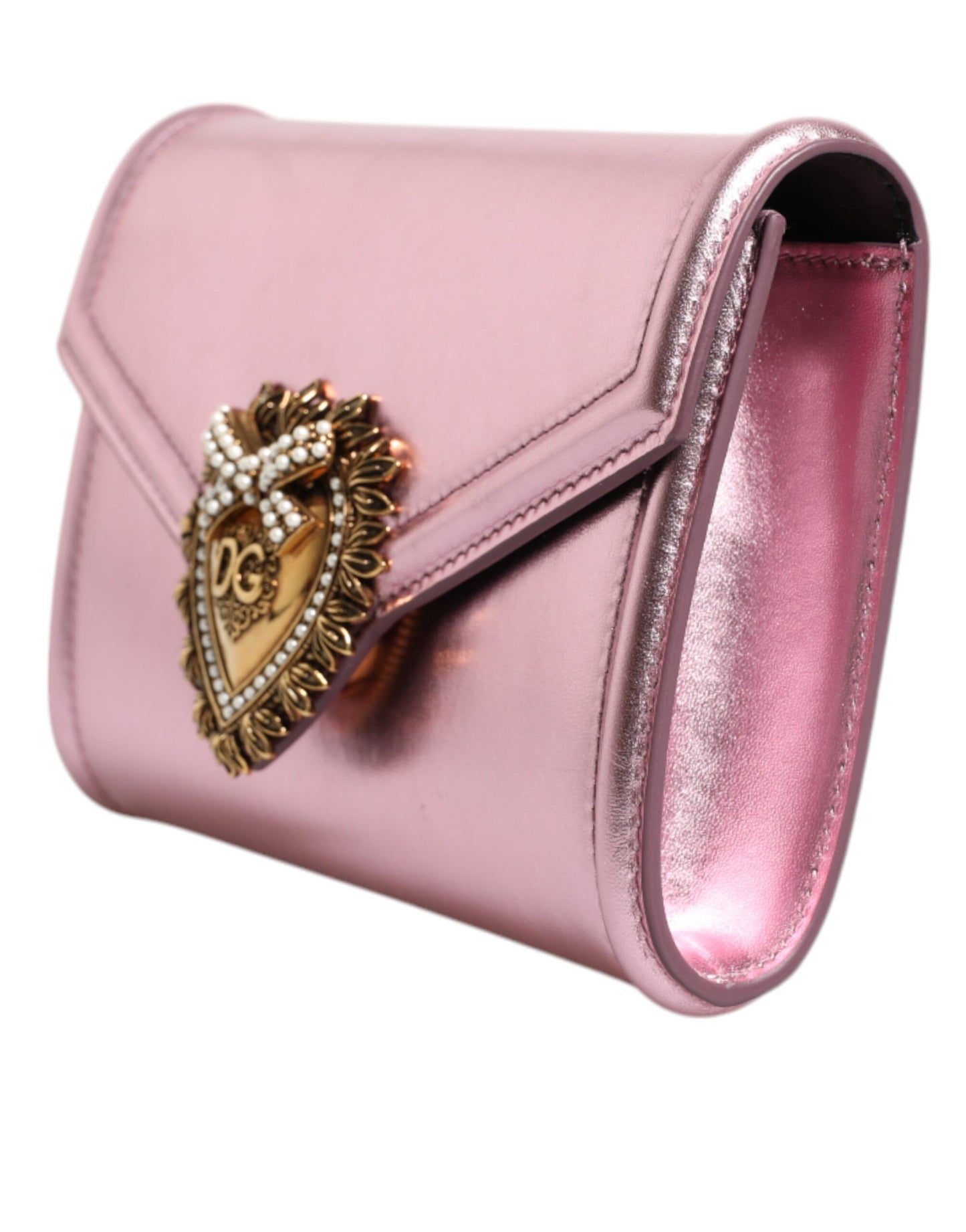 Dolce & Gabbana Pink Laminate Satin Devotion Women Clutch Shoulder Bag