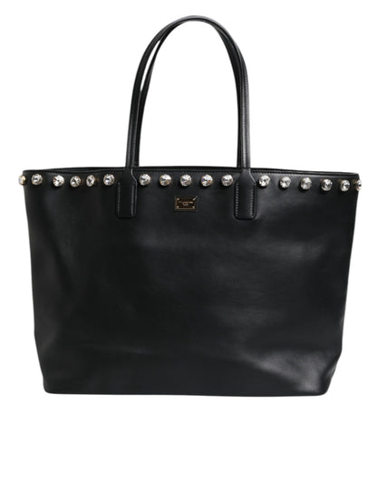 Dolce & Gabbana Black Crystal Leather Shopping Women Tote Bag