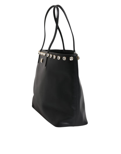 Dolce & Gabbana Black Crystal Leather Shopping Women Tote Bag