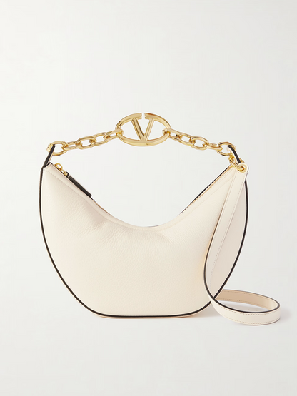 Valentino Garavani Ivory Leather Small Hobo Vlogo Shoulder Bag