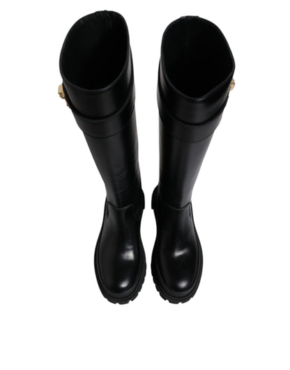 Dolce & Gabbana Black DG Logo Calf Leather High Boots Shoes