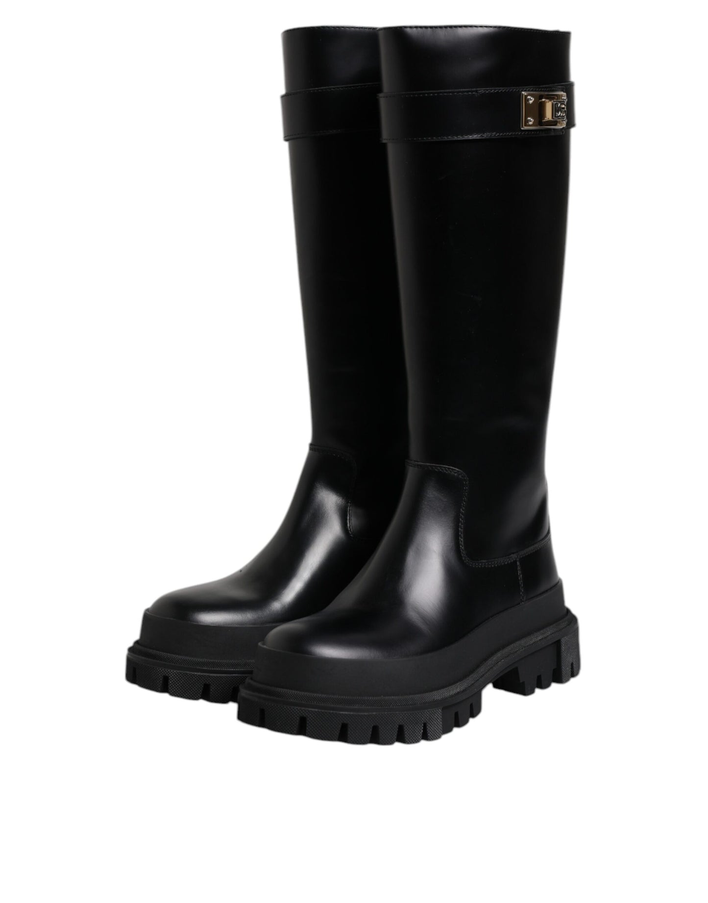 Dolce & Gabbana Black DG Logo Calf Leather High Boots Shoes