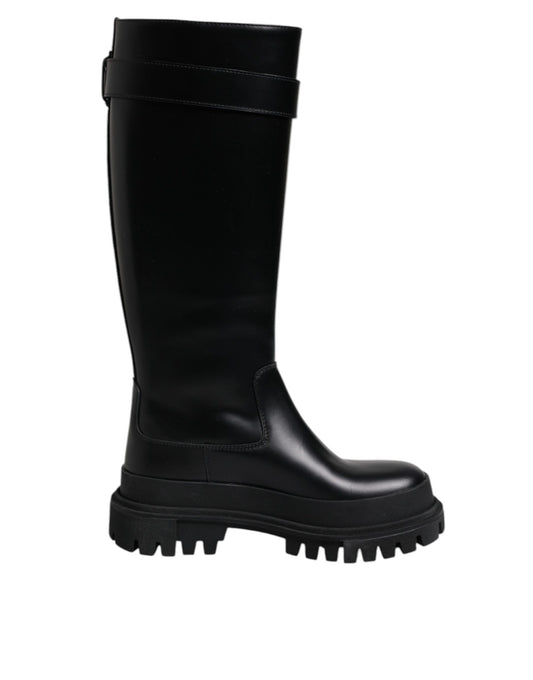 Dolce & Gabbana Black DG Logo Calf Leather High Boots Shoes