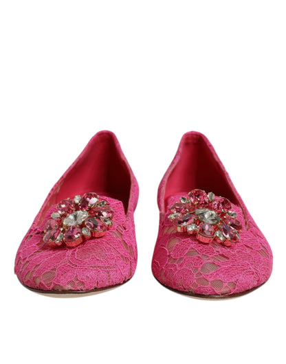 Dolce & Gabbana Fuchsia Crystal Loafer Lace Ballet Flats Shoes