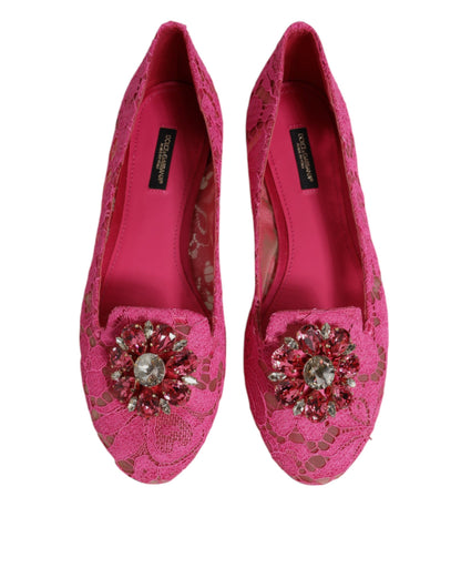 Dolce & Gabbana Fuchsia Crystal Loafer Lace Ballet Flats Shoes