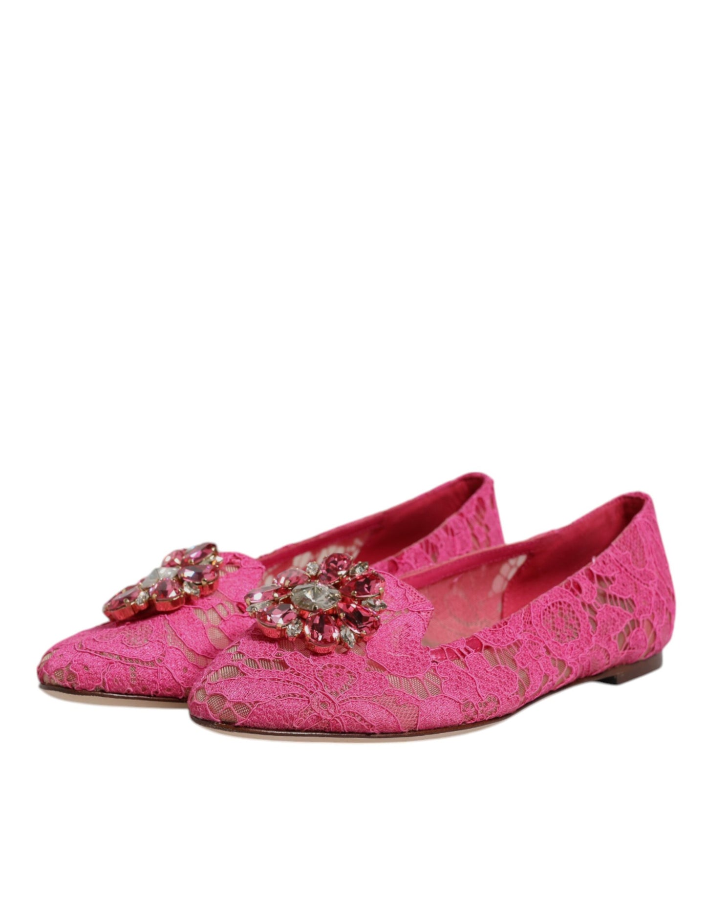 Dolce & Gabbana Fuchsia Crystal Loafer Lace Ballet Flats Shoes