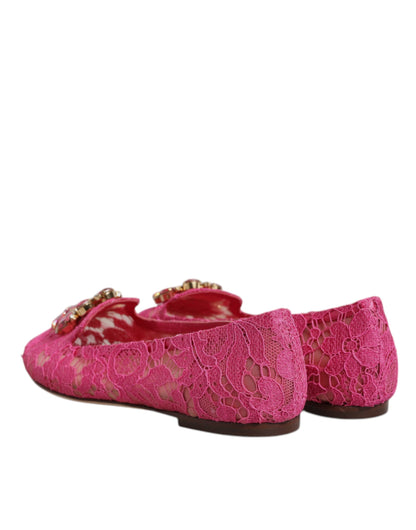 Dolce & Gabbana Fuchsia Crystal Loafer Lace Ballet Flats Shoes